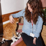 Junge Frau streichelt einen orangefarbenen Kater in einem gemütlichen Raum.