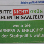 Wahlaufruf gegen die Grünen in Saalfelden, betont Fairness und Ehrlichkeit in der Stadtpolitik.